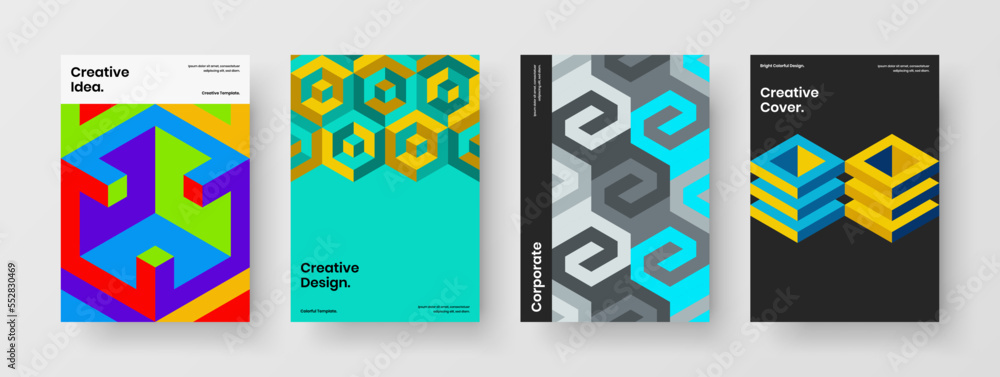 Minimalistic mosaic pattern handbill template bundle. Trendy placard A4 design vector concept set.