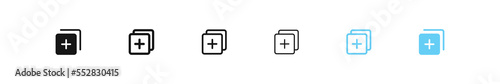 Layer add icon. Stack plus sign. Panel level symbol. Material sheets icons. Vector sign.