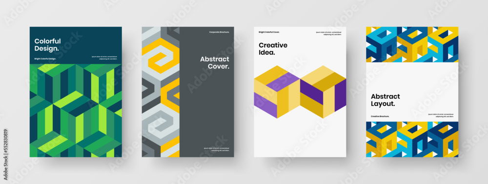 Abstract flyer A4 design vector illustration bundle. Creative mosaic hexagons corporate identity layout collection.