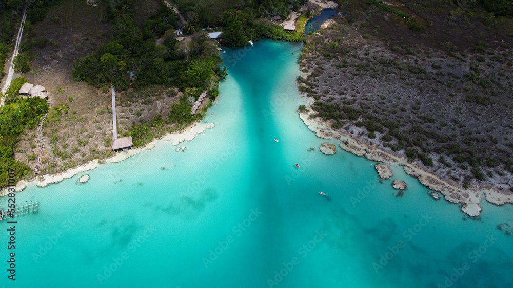Aerial View Laguna Bacalar the lake of seven colors. Laguna Bonanza