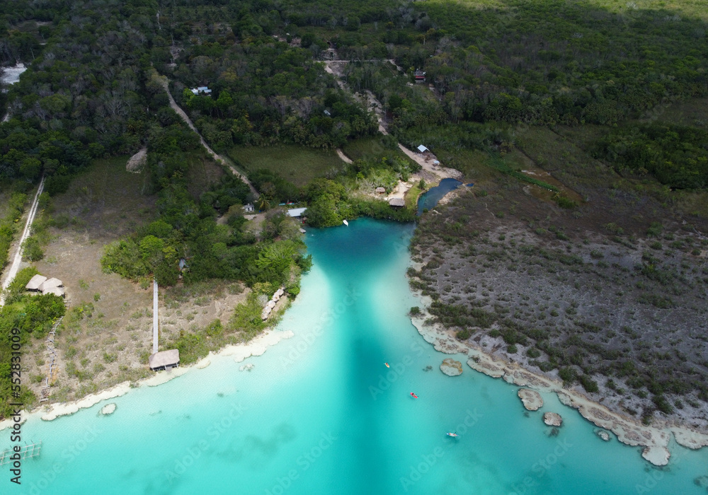 Aerial View Laguna Bacalar - the lake of seven colors. Laguna Bonanza The fresh water lake feed by cenotes. Near cancun, playa del carmen and tulum in mexico. Turquoise and blue water.Mangroves shores