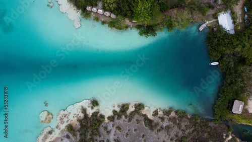 Aerial View Laguna Bacalar - the lake of seven colors. Laguna Bonanza The fresh water lake feed by cenotes. Near cancun, playa del carmen and tulum in mexico. Turquoise and blue water.Mangroves shores