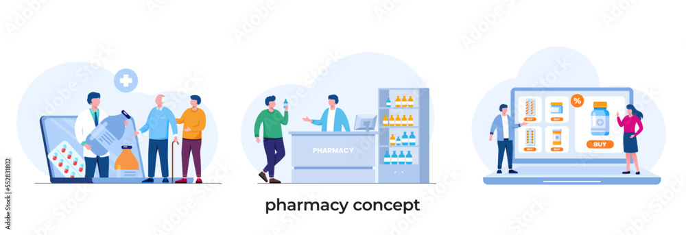 pharmacy concept, pharmacist, medicine, pharmacology, medical concept, flat illustration vector template