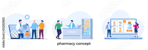 pharmacy concept, pharmacist, medicine, pharmacology, medical concept, flat illustration vector template