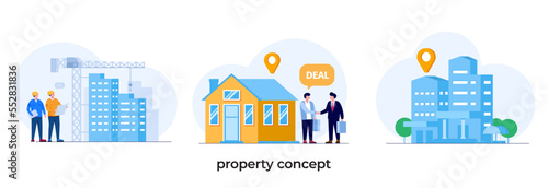 Property concept, mortgage, building, flat vector design banner 