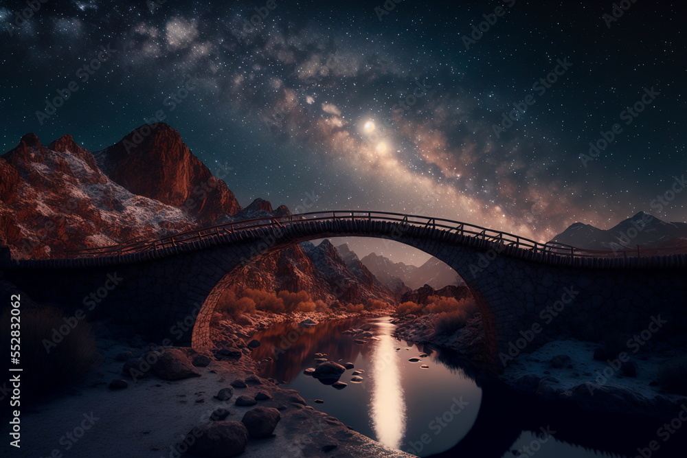 Digital art . Bridge across the river in the mountains against the background of the starry sky