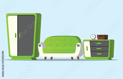 Illustration of sofa cabinet and chest of drawers on menthol background. Cartoon style. Can be used in animation. room concept