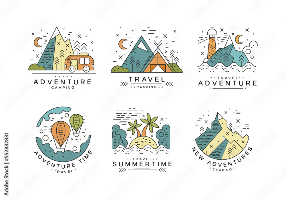 Summer Travel and Adventure with Mountain, Camp, Van and Hot Air Balloon Line Vector Set