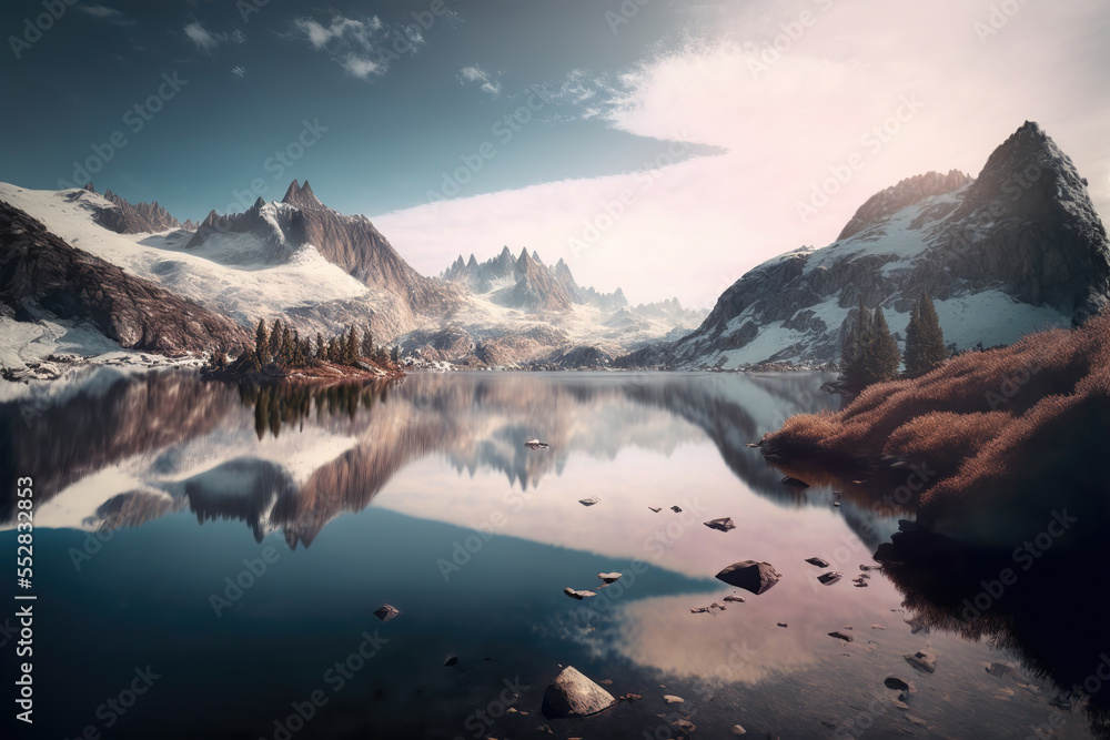 Generative AI : a beautiful landscape with a lake, snow-covered mountains and trees	
