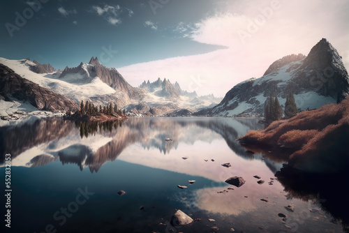 Generative AI : a beautiful landscape with a lake, snow-covered mountains and trees 