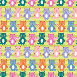 Childish seamless pattern with cat faces on striped background. Modern print for T-shirt, textile, fabric, paper. Hand drawn illustration for decor and design.