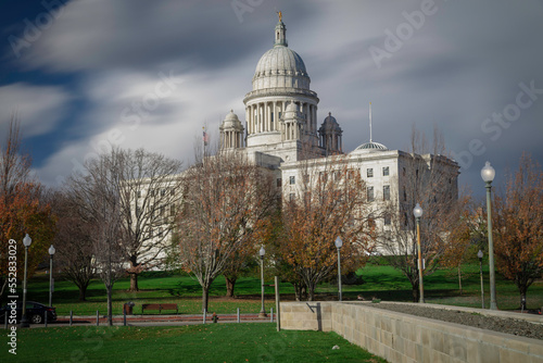 Clouds drag high above the capitol building on a late autumn day in Providence, RI