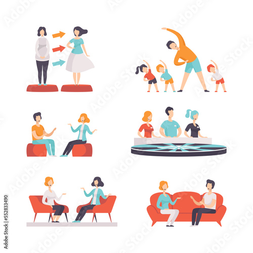 Tv Show and Television Program with People Participating in Game and Interview Vector Set