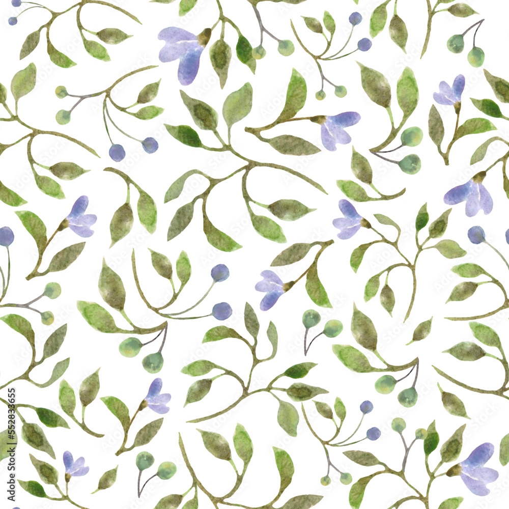 Watercolor seamless pattern with abstract blue flowers, leaves, branches. Hand drawn floral illustration isolated on yellow background. For packaging, wrapping design or print. Vector EPS.