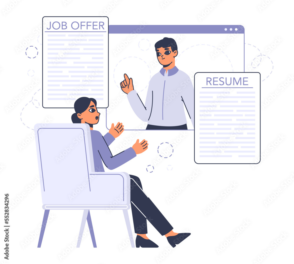 Fototapeta premium Headhunting agency manager selects job candidates. HR recruitment process, job seekers resume flat vector illustration on white background