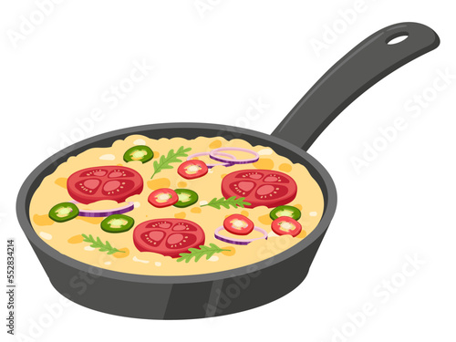 Cartoon scrambled eggs, omelette. Cooked whipped fried eggs, tasty breakfast egg dish served in frying pan flat vector illustration on white background
