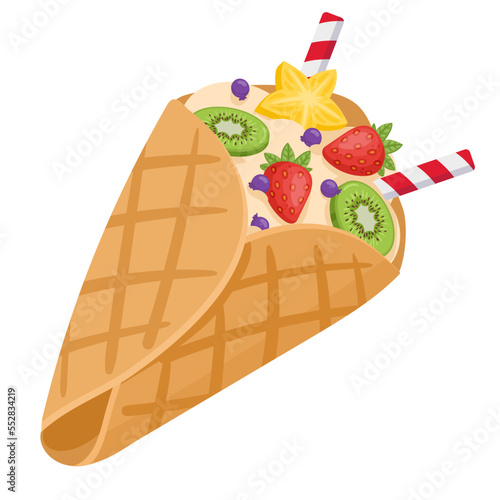 Cartoon sweet crepe pancake. Pastry pancake with whipped cream and fruits, tasty street food flat vector illustration on white background