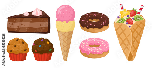 Cartoon sweet pastry. Cake, pastry desserts and bakery, sweet cake, chocolate and vanilla cupcake, ice cream, donuts and sweet crepe flat vector illustration set