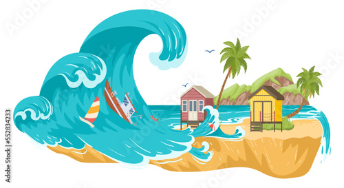 Cartoon tsunami natural disaster. Environment damage extreme huge ocean waves, washed away or flooded houses, natural cataclysm flat vector illustration on white background