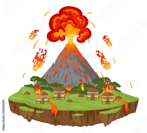 Cartoon volcano eruption, natural disaster. Environment damage, lava flows and fireballs, extreme cataclysm disaster flat vector illustration on white background