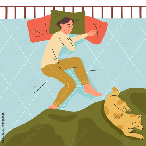 Cartoon young man sleeping in bed. Male bedtime cozy scene  resting male character with dog flat vector background illustration