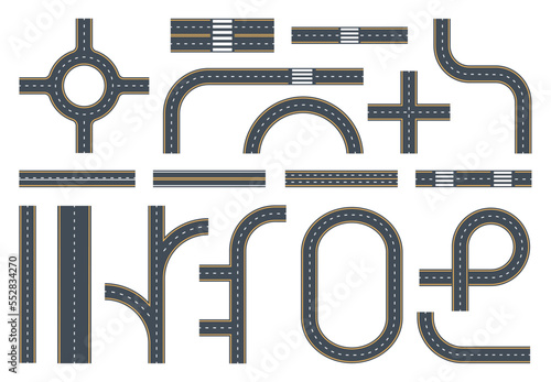 City markings roads and crossroads. Asphalt roads, highway street road, twists and traffic circles, highway city map flat vector illustration set. Highways roads marking