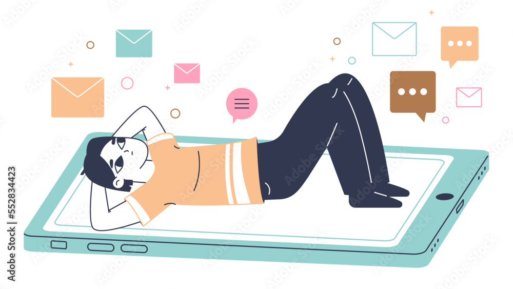 Man addicted to smartphone. Gadget and social media addiction, male tablet or phone addiction flat vector illustration on white background Man addicted to smartphone. Gadget and social media addiction, male tablet or phone addiction flat vector illustration on white background