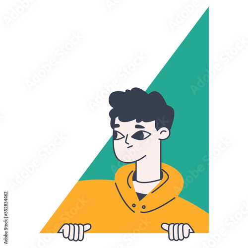 Peeping and curious guy. Spying, searching, observing man secretly looking out from green triangle flat vector illustration on white background