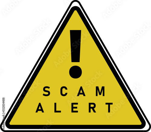 Scam or Fraud aler sign isolated on a white background. Yellow warning sign for fraud alert. photo