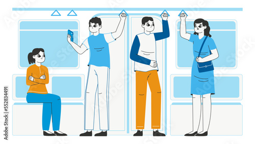 People holding subway handles. Public transport passengers, metro train or bus people crowd, tram passengers flat vector illustration on white background