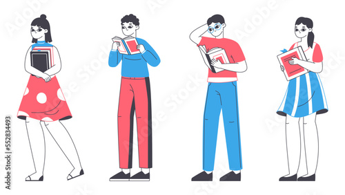 People reading books. Studying characters with books, reading literature fans or students, book lovers flat vector illustration on white background