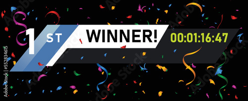 1st position winner. Race time with falling confetti banner design.  Game winner template for game developers. Editable vector file.