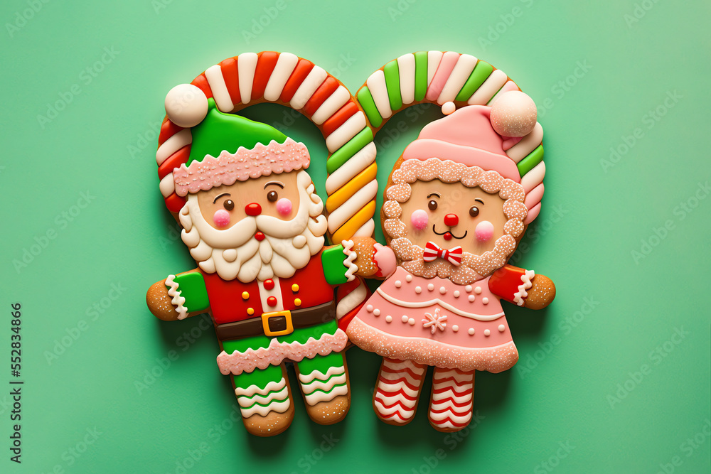 Gingerbread Santa Claus, Mrs Claus, Christmas, Decorated Cookie Icing, Candy, Holiday, Gumdrops, Lollipops, Peppermint, Sprinkles, Candy, Candycane, Isolated on Pastel Green Background, Generative AI Gingerbread Santa Claus, Mrs Claus, Christmas, Decorated Cookie Icing, Candy, Holiday, Gumdrops, Lollipops, Peppermint, Sprinkles, Candy, Candycane, Isolated on Pastel Green Background, Generative AI