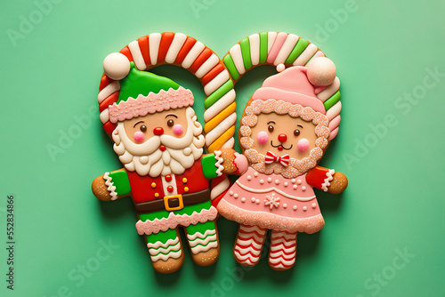 Gingerbread Santa Claus, Mrs Claus, Christmas, Decorated Cookie Icing, Candy, Holiday, Gumdrops, Lollipops, Peppermint, Sprinkles, Candy, Candycane, Isolated on Pastel Green Background, Generative AI
