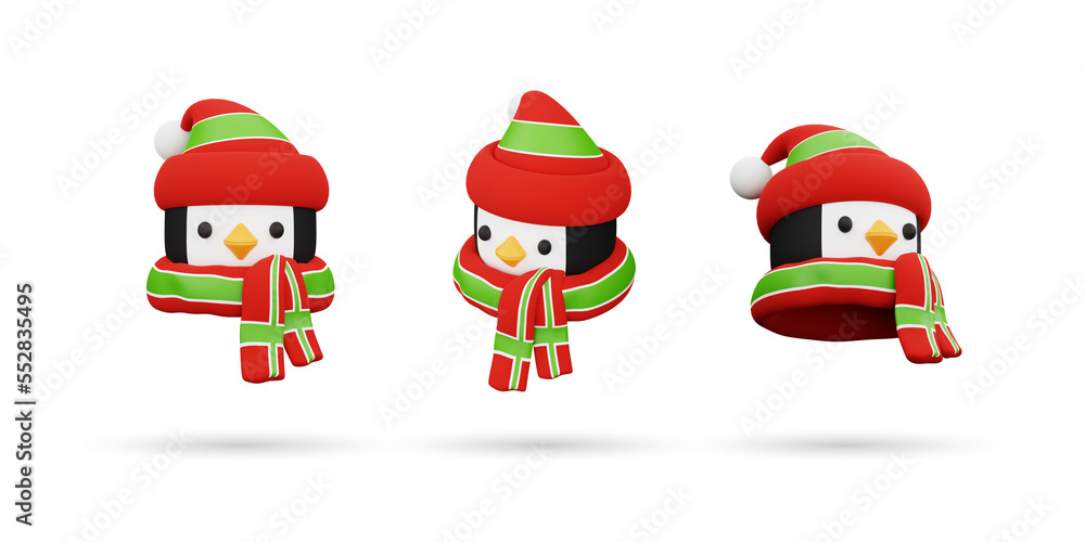 Set of Christmas Penguin character 3d icon. Isolated on White Background