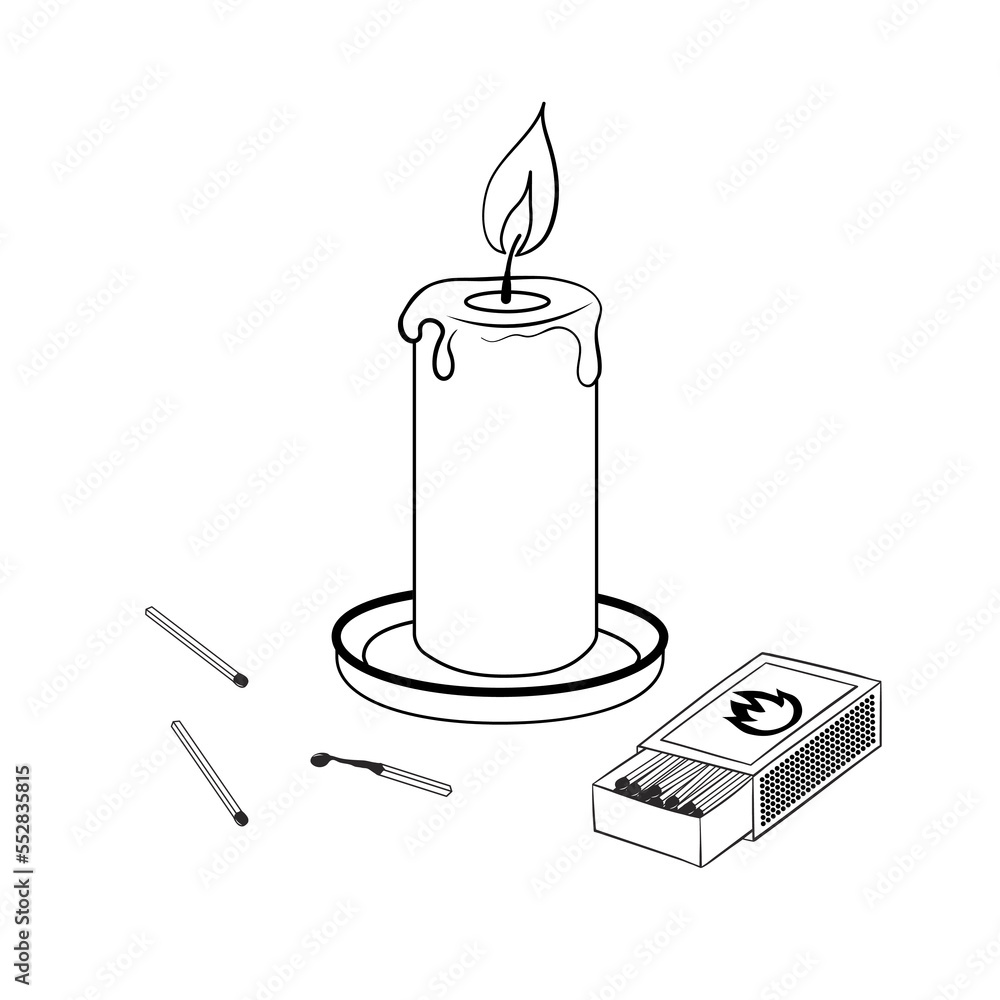 Stock vector black and white hand drawn outline illustration of a burning candle and safety matches