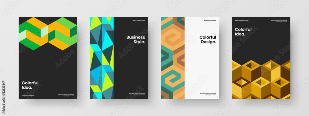 Creative front page A4 design vector illustration composition. Trendy geometric hexagons magazine cover concept set.