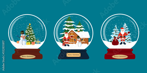 Snow globe set Christmas toys with Santa Claus and fir trees and Snowman cartoon vector illustration