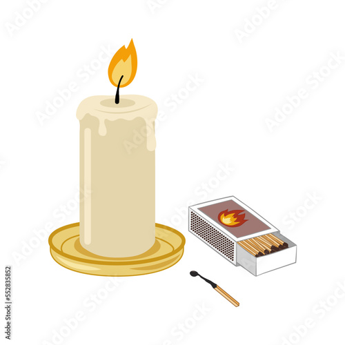 Stock vector flat cartoon illustration candle and box of matches on white background