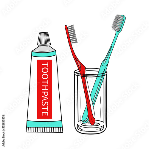 Stock vector flat hand drawn illustration toothbrushes in a glass and toothpaste on white background