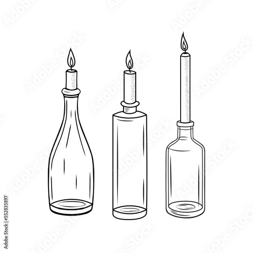 Stock vector illustration doodle black and white set of candles in bottles