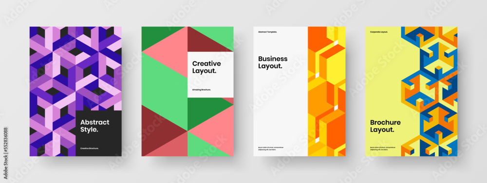 Fresh mosaic hexagons postcard concept bundle. Vivid poster A4 design vector layout collection.