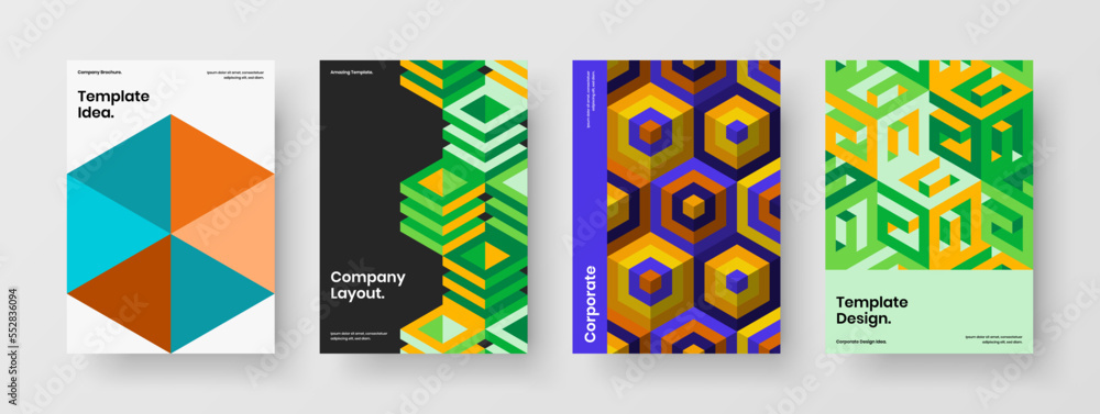 Amazing front page A4 design vector layout set. Multicolored mosaic hexagons cover concept bundle.