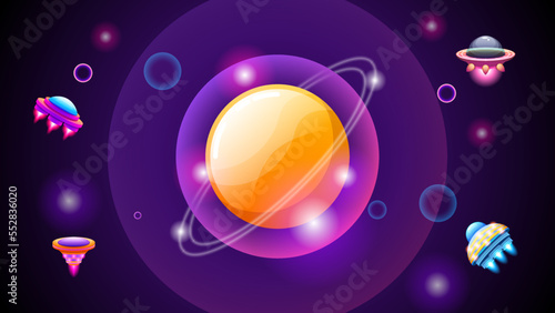 Abstract Aliens On Flying Saucers In Dark Space Planet Background Gradient Unidentified Flying Object Ufo Stars Vector Design Style