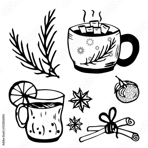 Doodle Winter hot drink, cup, chocolate, orange, vanilla and cinnamon, branch. Vector illustration.