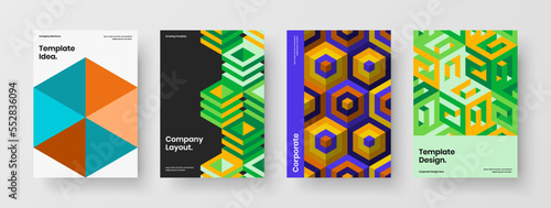 Amazing front page A4 design vector layout set. Multicolored mosaic hexagons cover concept bundle.