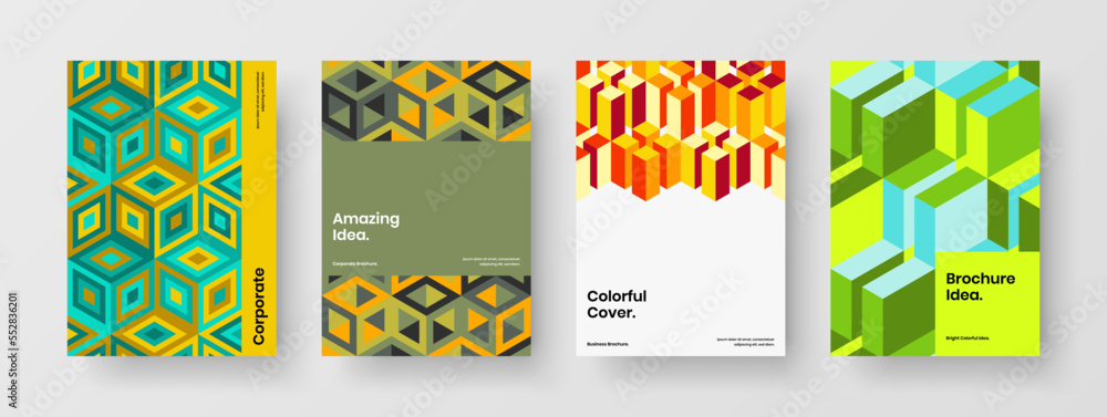 Isolated mosaic hexagons catalog cover concept composition. Vivid postcard A4 vector design illustration collection.