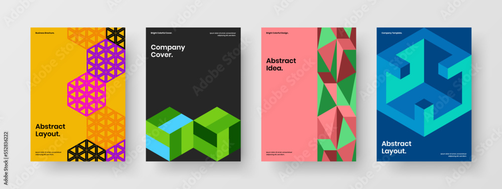 Isolated mosaic hexagons company brochure illustration composition. Colorful front page vector design template set.