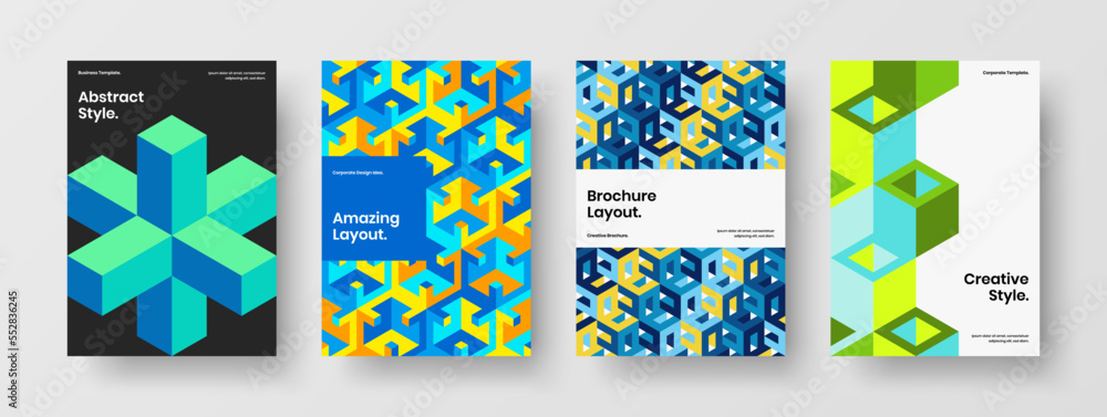 Bright booklet A4 vector design template bundle. Amazing geometric hexagons book cover layout set.
