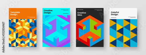 Multicolored corporate identity A4 design vector template set. Creative geometric hexagons leaflet layout composition.